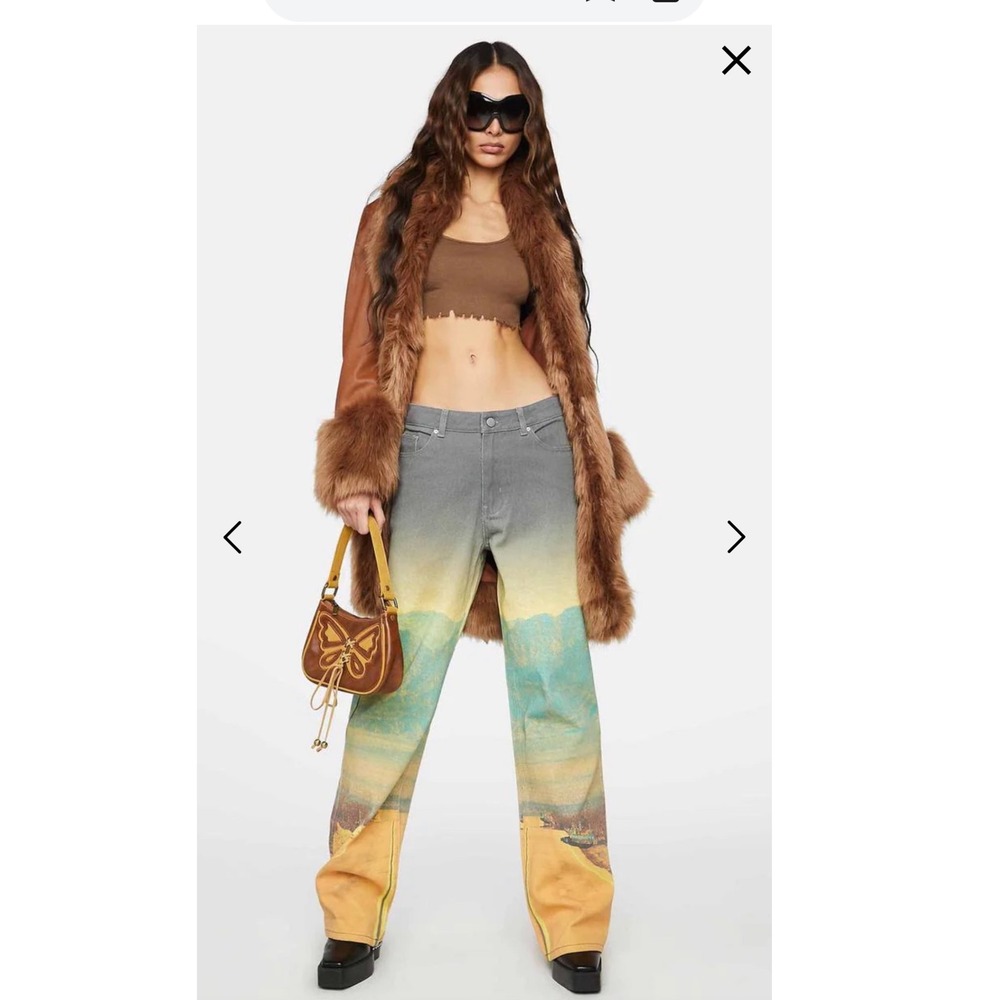 The Kript Landscape Graphic Print Jeans, Route 66, Streetwear Pants SZ S